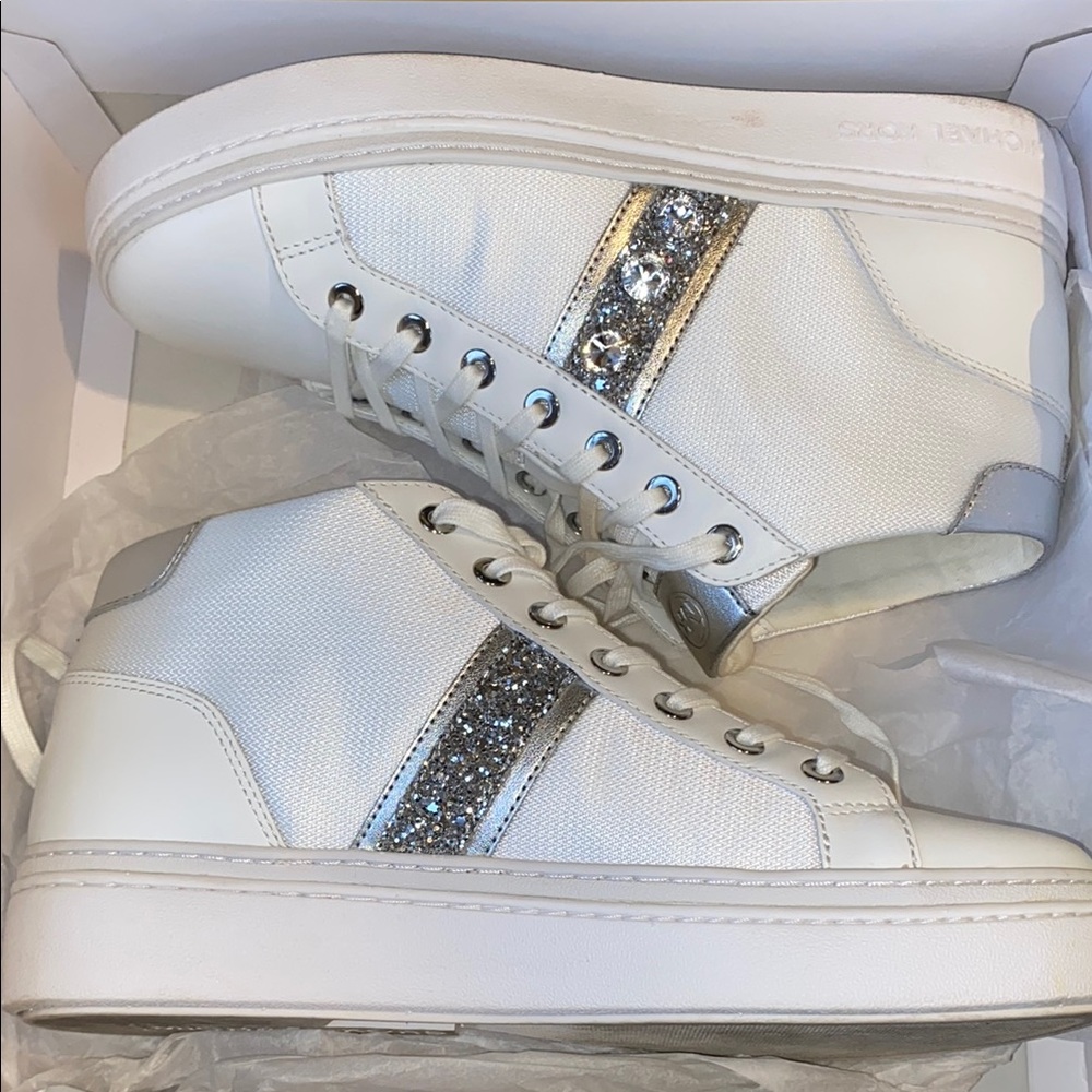 Micheal kors White and Silver High-Top Sneakers with Glitter Strap